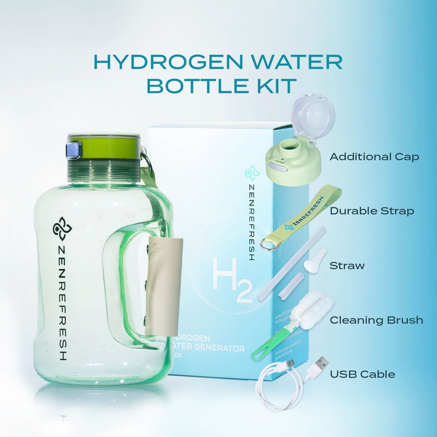 50 Oz Hydrogen Water Bottle SPE/PEM Technology, Large Gym Hydrogen Bottles, Travel Hydrogen Generator With Straw & Extra Cap Up to 1800 ppb - Green