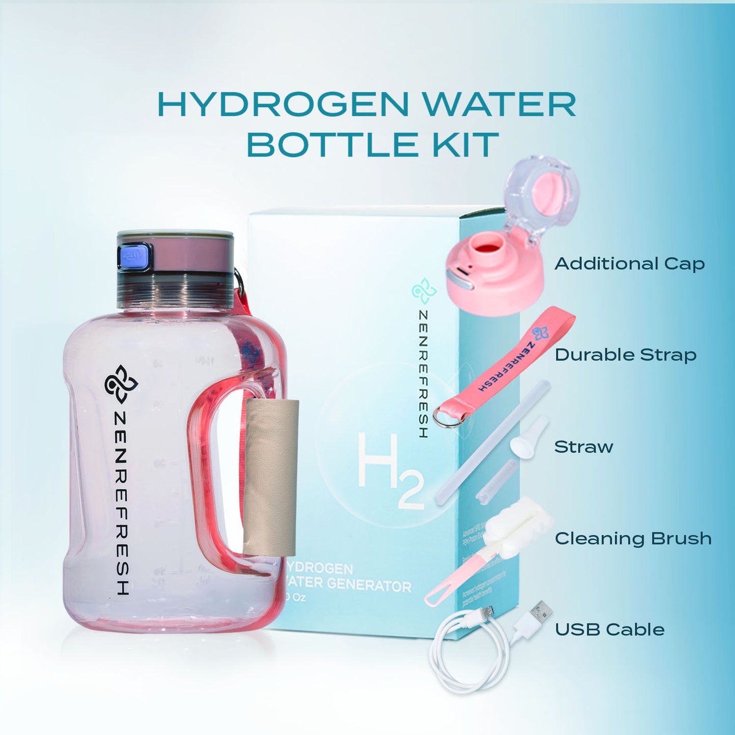 50 Oz Hydrogen Water Bottle SPE/PEM Technology, Large Gym Hydrogen Bottles, Travel Hydrogen Generator With Straw & Extra Cap Up to 1800 ppb - Pink