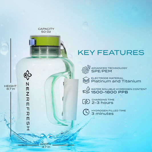 50 Oz Hydrogen Water Bottle SPE/PEM Technology, Large Gym Hydrogen Bottles, Travel Hydrogen Generator With Straw & Extra Cap Up to 1800 ppb - Green