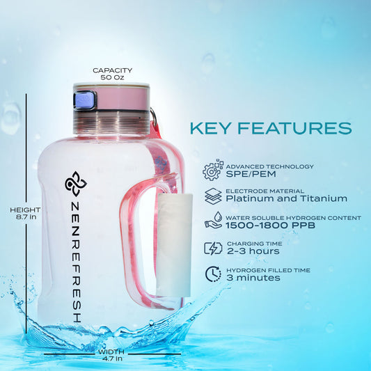 50 Oz Hydrogen Water Bottle SPE/PEM Technology, Large Gym Hydrogen Bottles, Travel Hydrogen Generator With Straw & Extra Cap Up to 1800 ppb - Pink